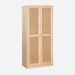 Armadio a 2 ante in canna e legno con appendiabiti e contenitori
