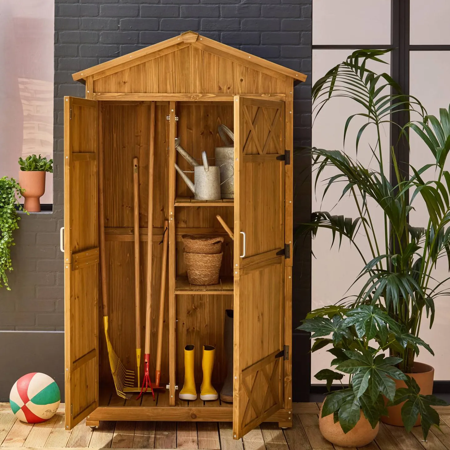 Armadio da giardino in legno di abete con 6 vani portaoggetti, 105x55,5x178,5cm