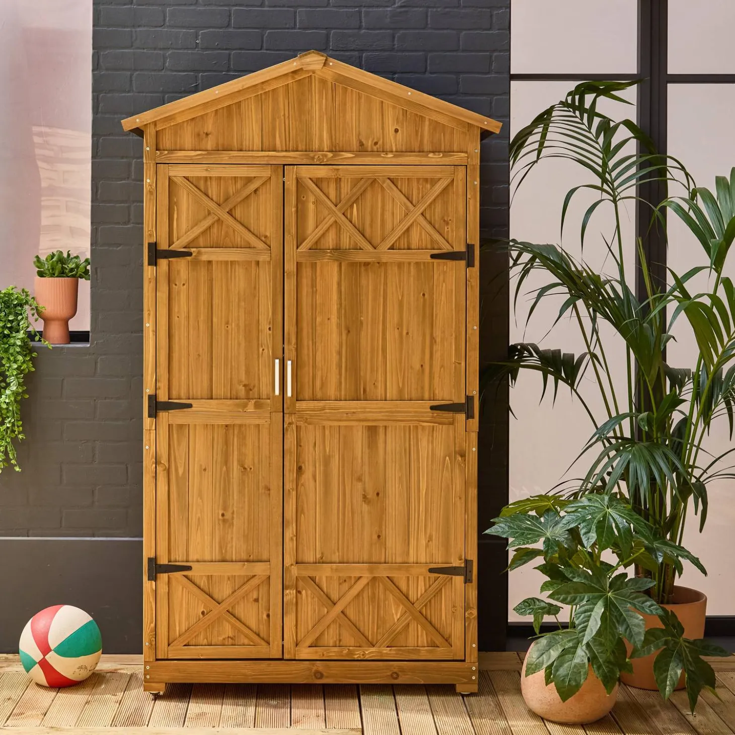 Armadio da giardino in legno di abete con 6 vani portaoggetti, 105x55,5x178,5cm