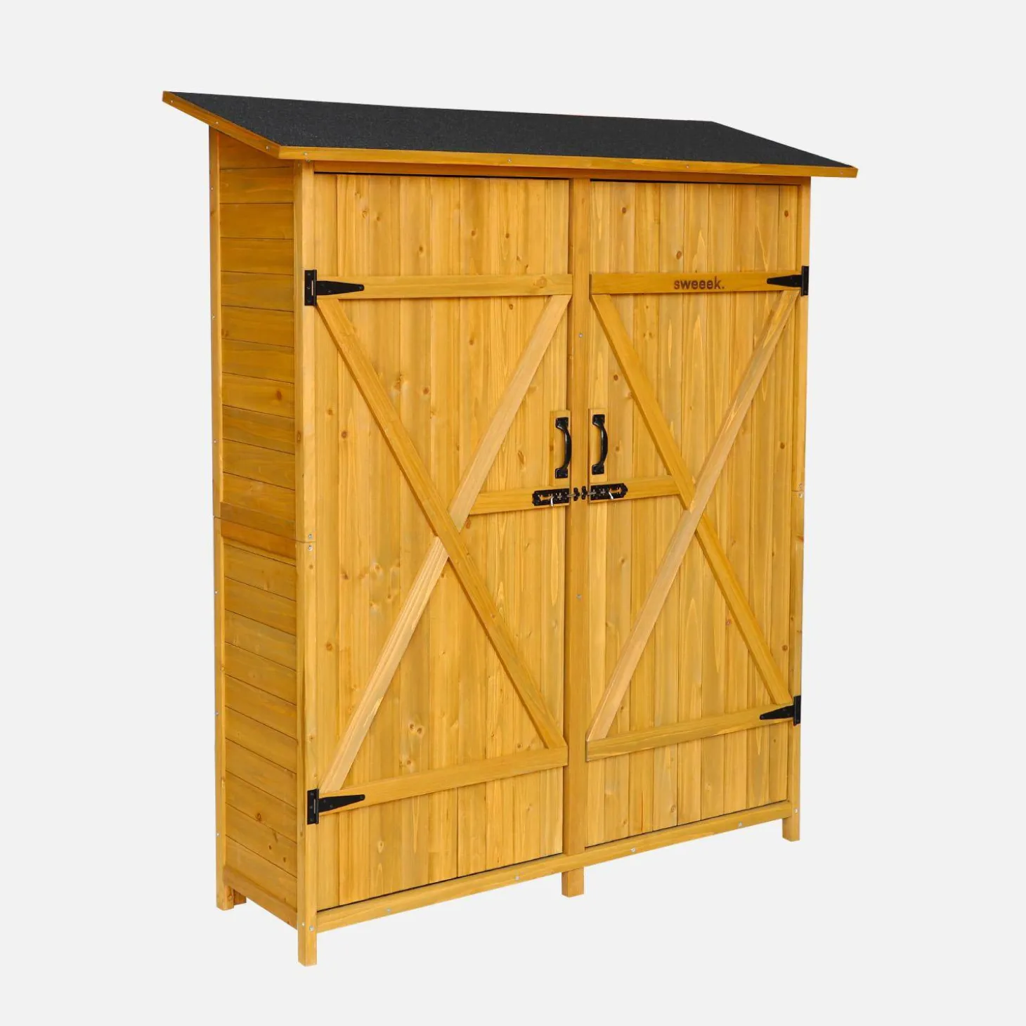 Armadio da giardino in legno di abete con 4 vani portaoggetti, 140x50x162cm