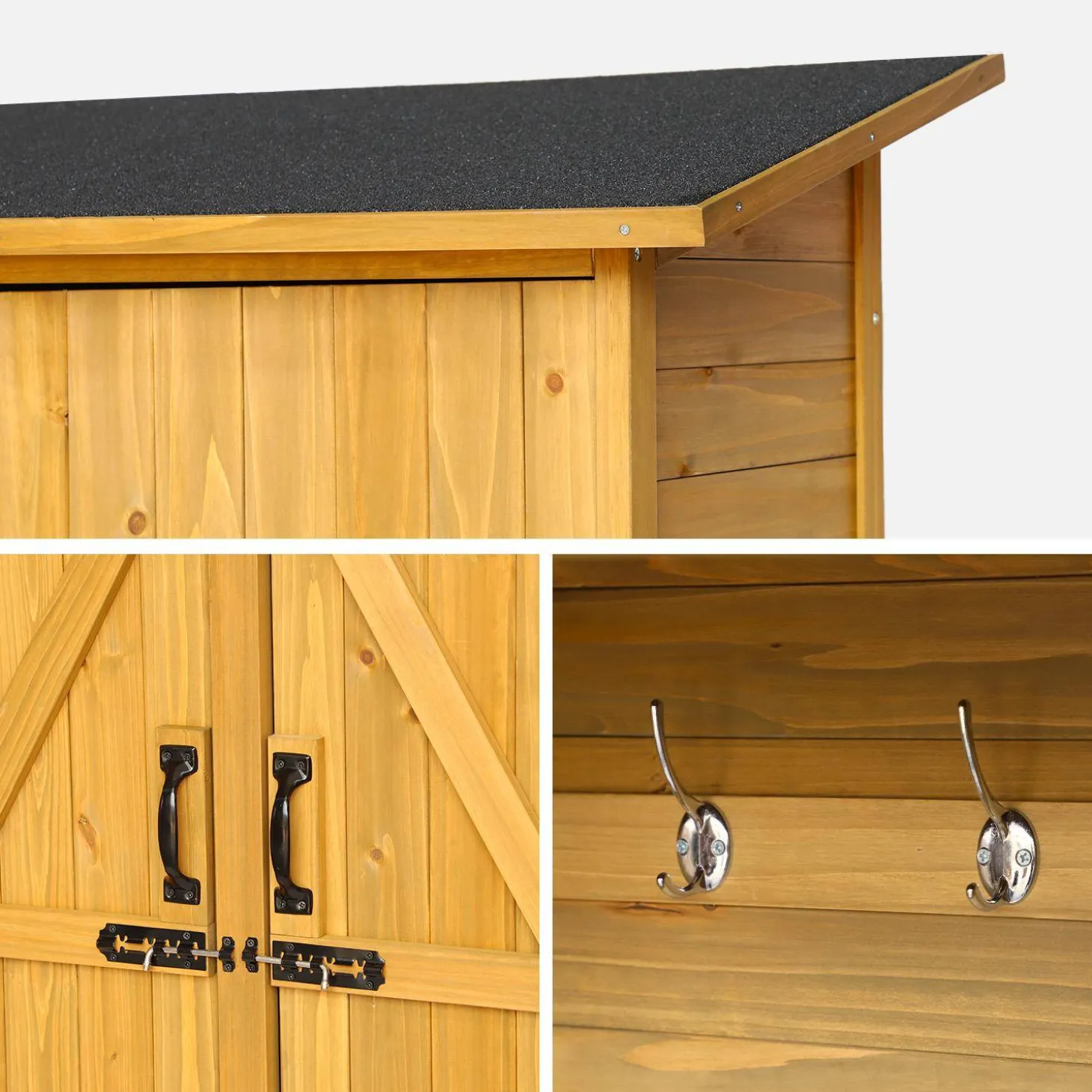 Armadio da giardino in legno di abete con 4 vani portaoggetti, 140x50x162cm