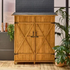 Armadio da giardino in legno di abete con 4 vani portaoggetti, 140x50x162cm