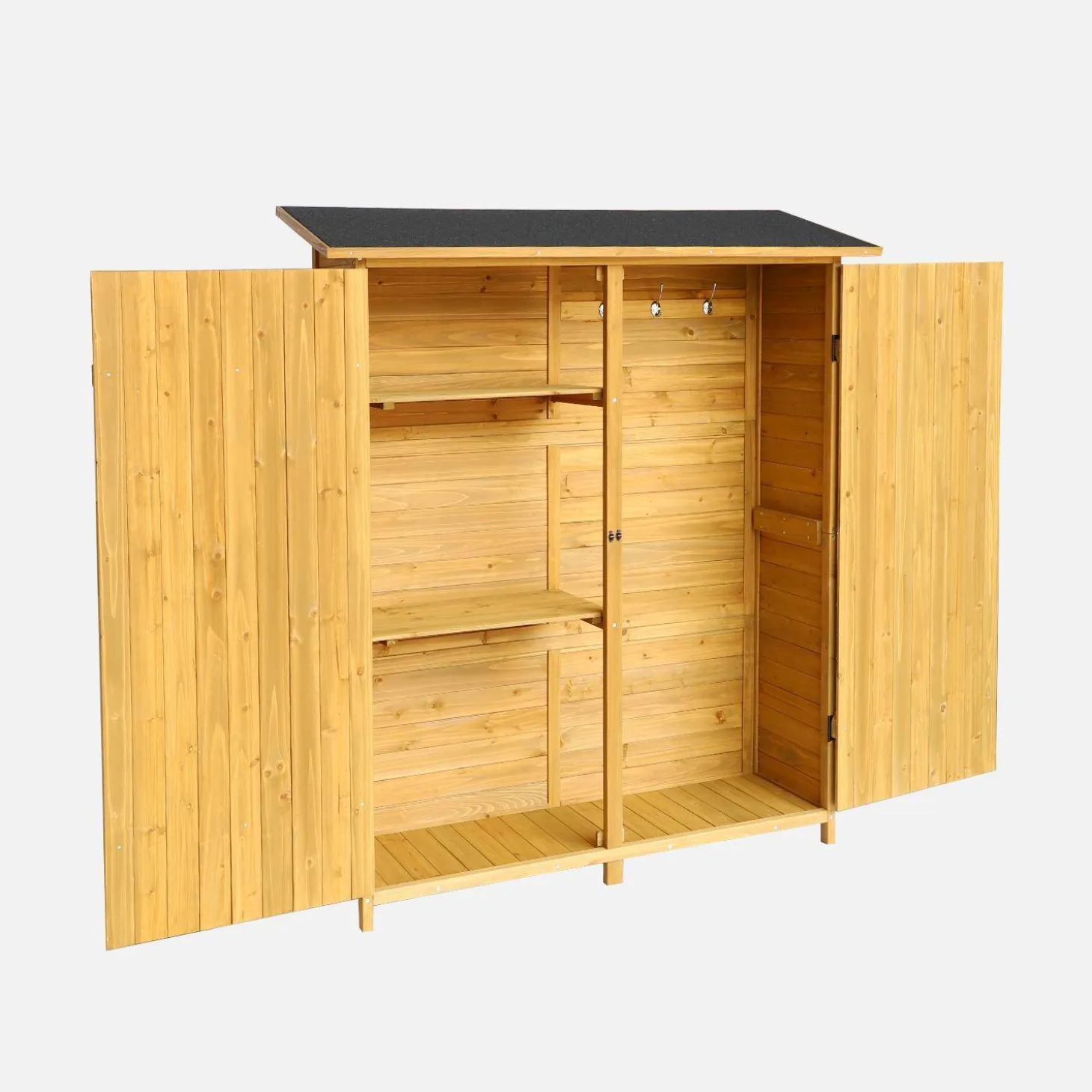 Armadio da giardino in legno di abete con 4 vani portaoggetti, 140x50x162cm