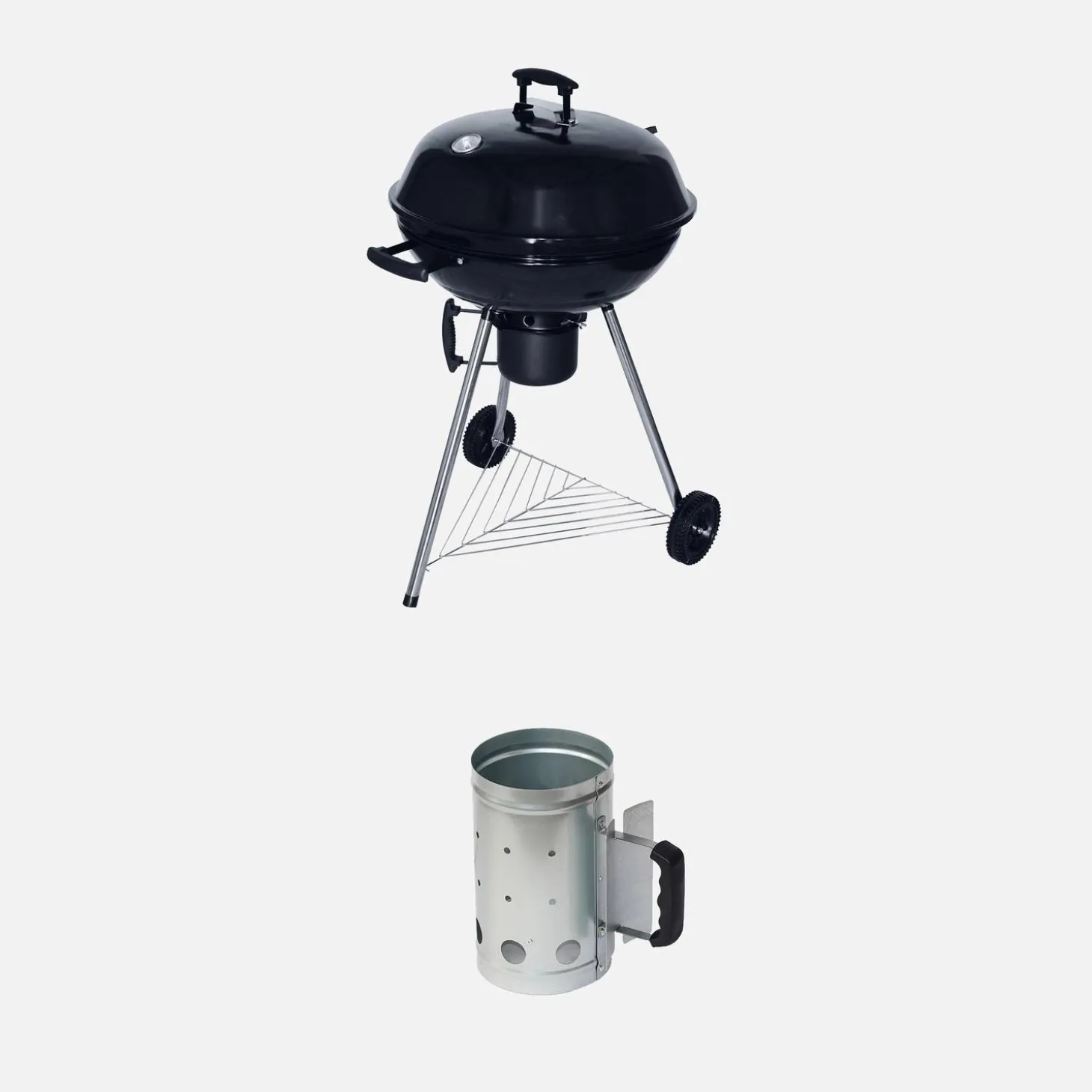 Barbecue a carbone, griglia e affumicatore con ruote e ciminiera di accensione, Ø57cm