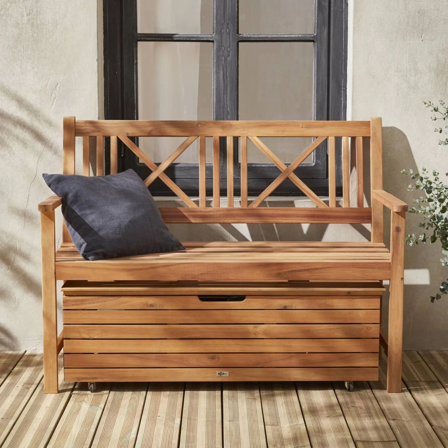 Baule da giardino in legno con rotelle, 110L