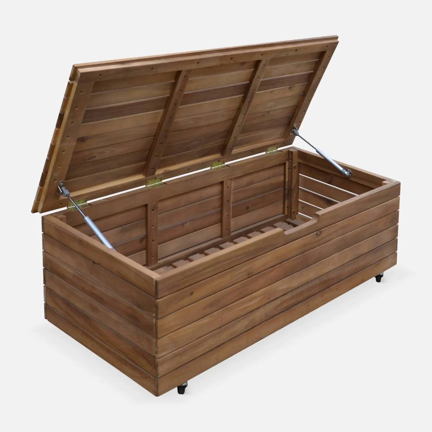 Baule da giardino in legno con rotelle, 110L