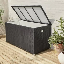 Baule da giardino in resina intrecciata con rotelle e fodera interna, 790L