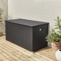 Baule da giardino in resina intrecciata con rotelle e fodera interna, 790L