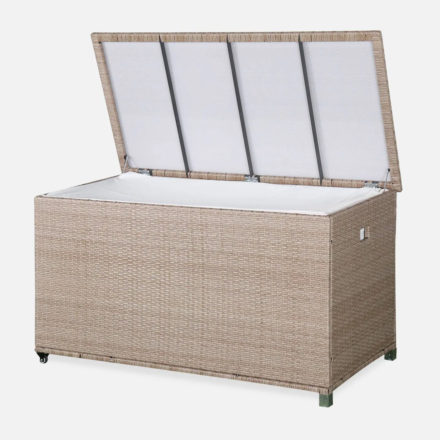 Baule da giardino in resina intrecciata con rotelle e fodera interna, 790L