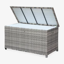 Baule da giardino in resina intrecciata con rotelle e fodera interna, 790L