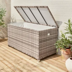Baule da giardino in resina intrecciata con rotelle e fodera interna, 790L