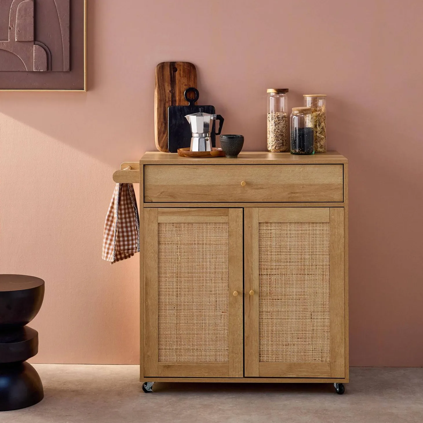 Carrello da cucina decorato in legno con 1 cassetto, 80cm
