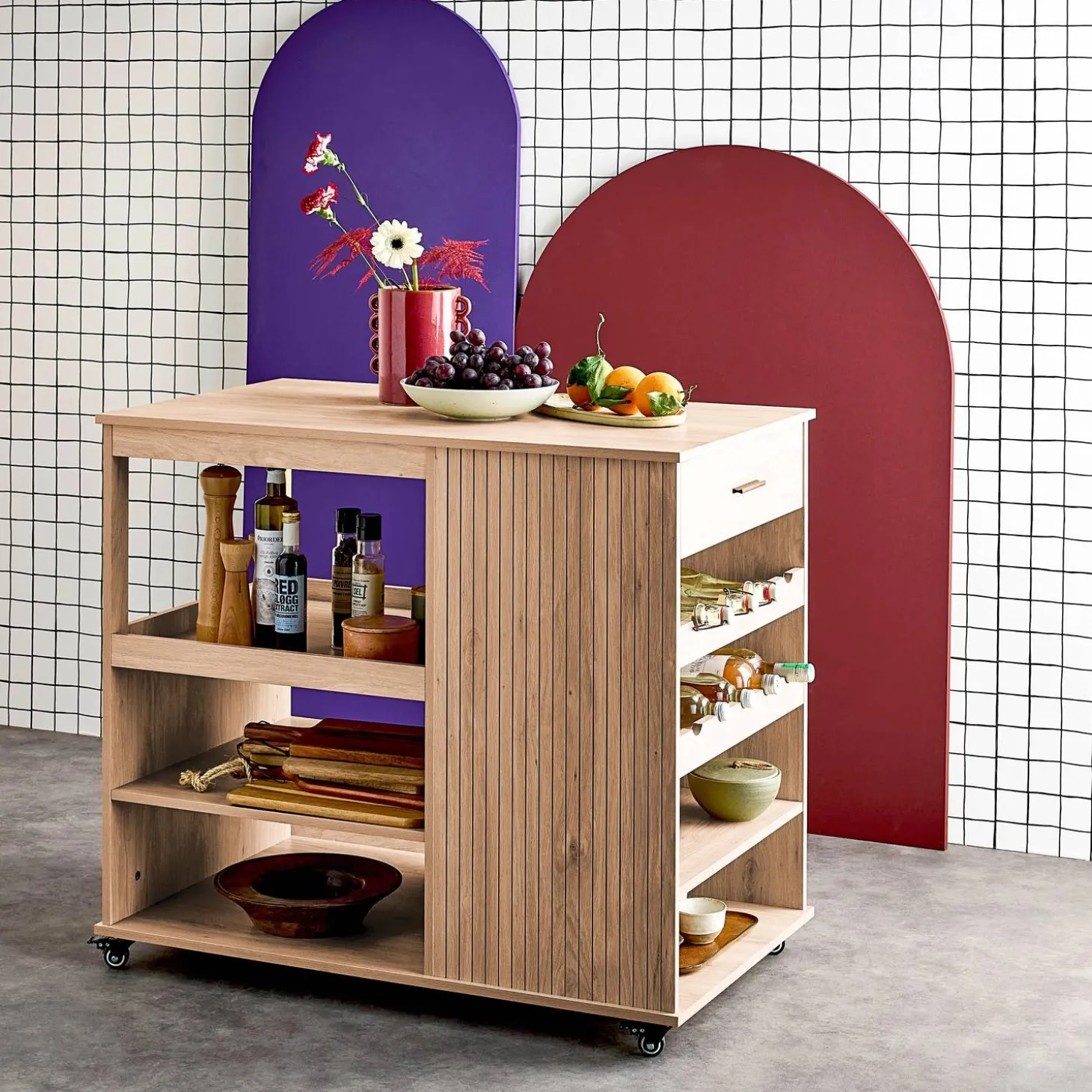 Carrello da cucina effetto legno con portabottiglie, 100cm