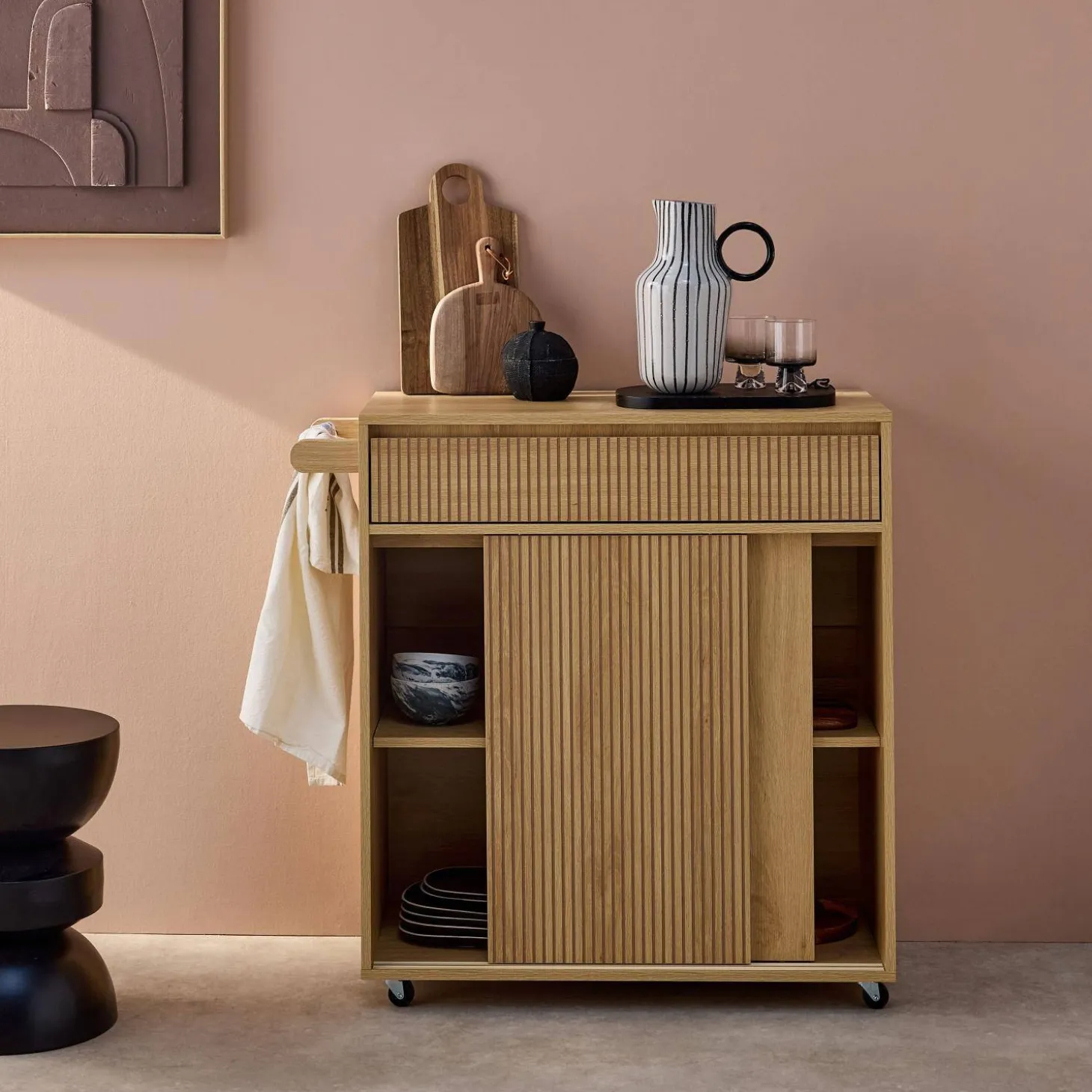 Carrello da cucina in legno decorato con 1 cassetto, 80cm