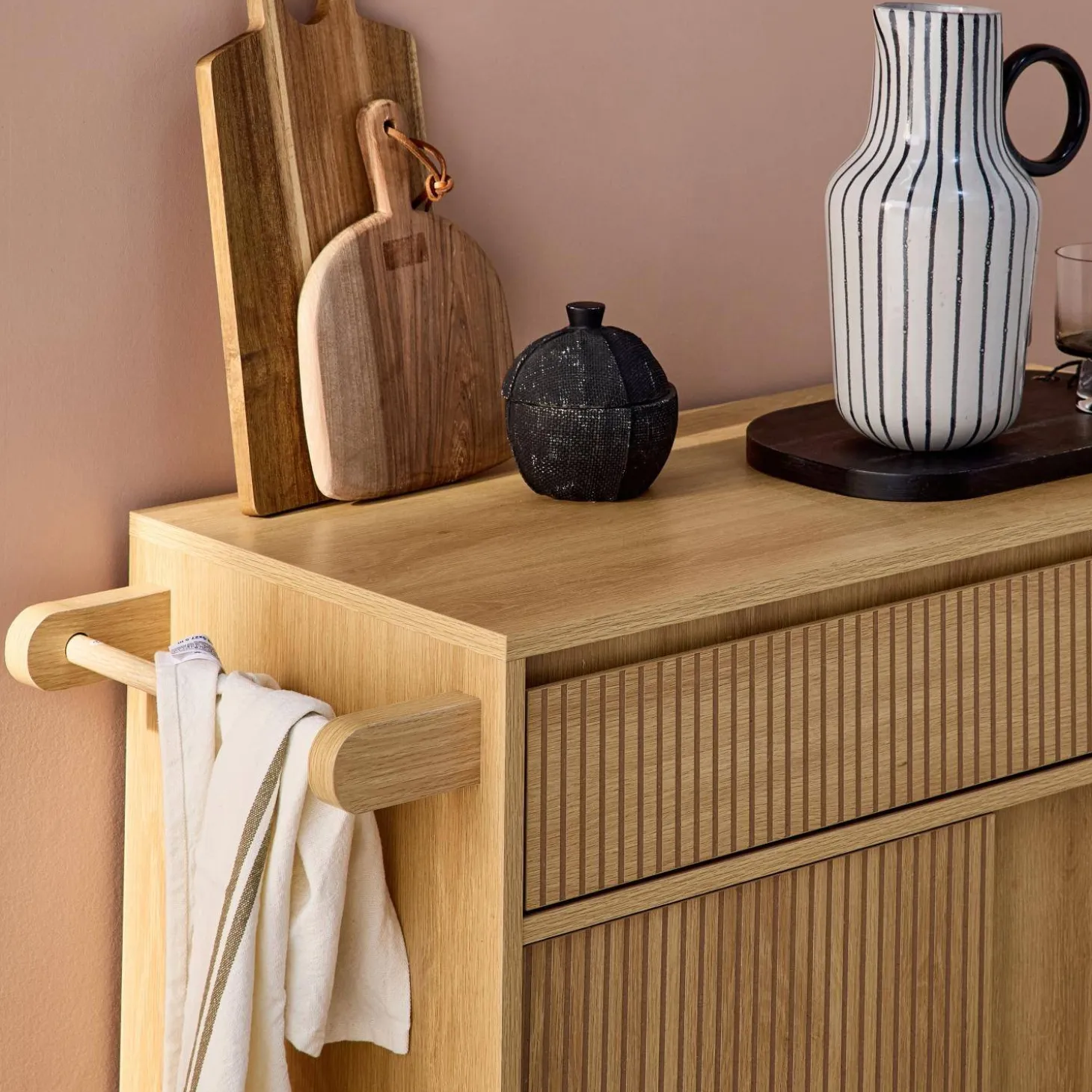 Carrello da cucina in legno decorato con 1 cassetto, 80cm
