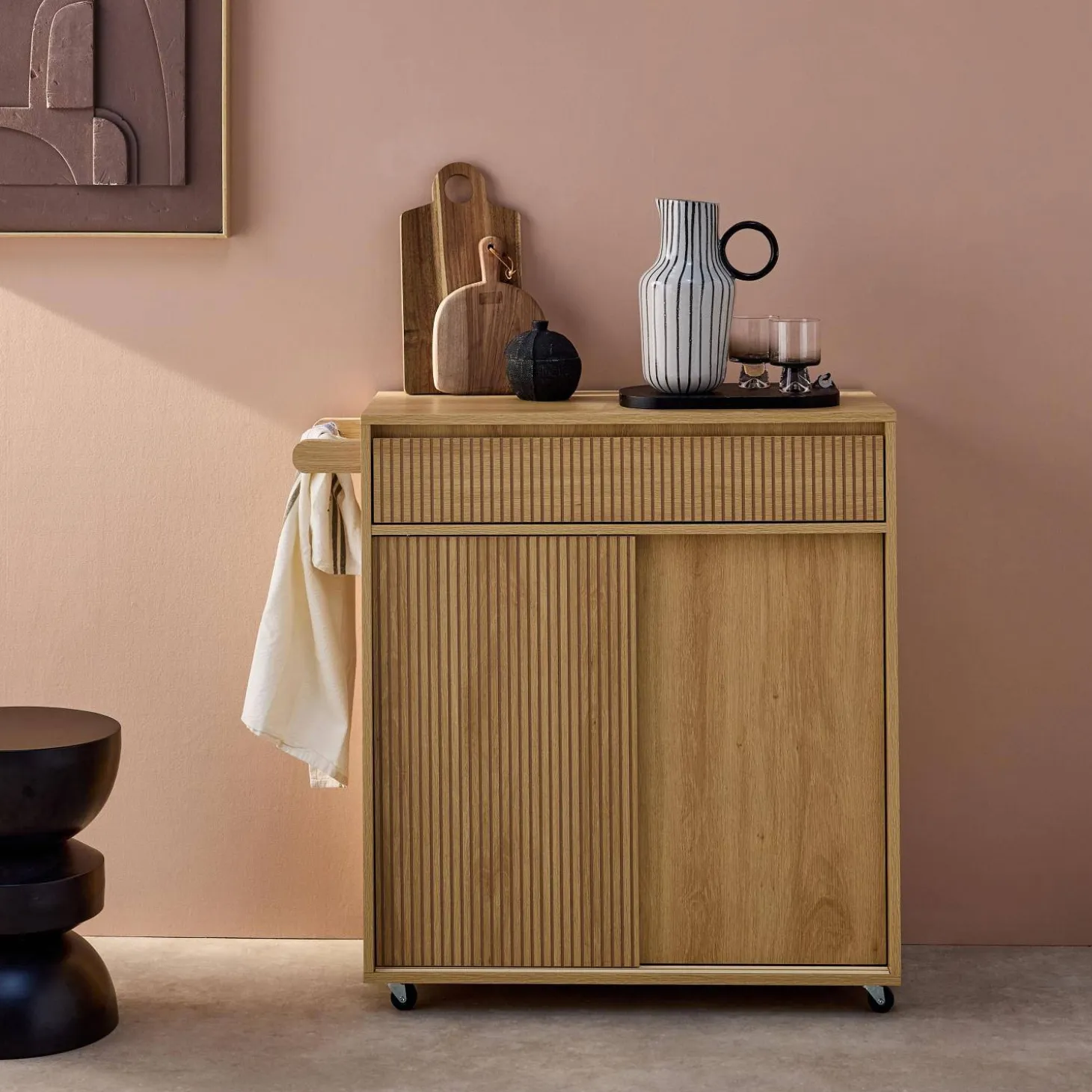 Carrello da cucina in legno decorato con 1 cassetto, 80cm