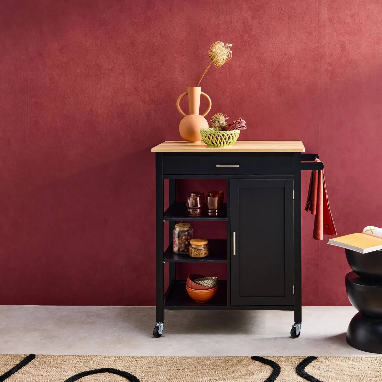 Carrello da cucina in legno di gomma con 5 ripiani, 74cm