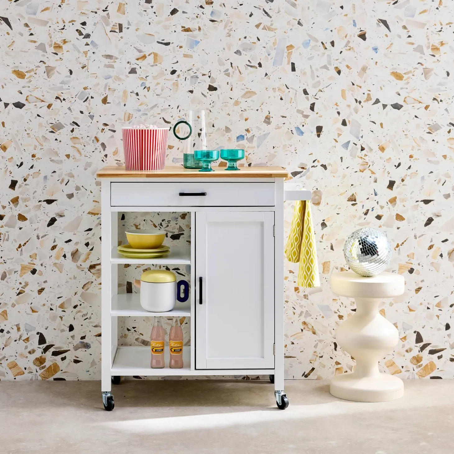 Carrello da cucina in legno di gomma con 5 ripiani, 74cm