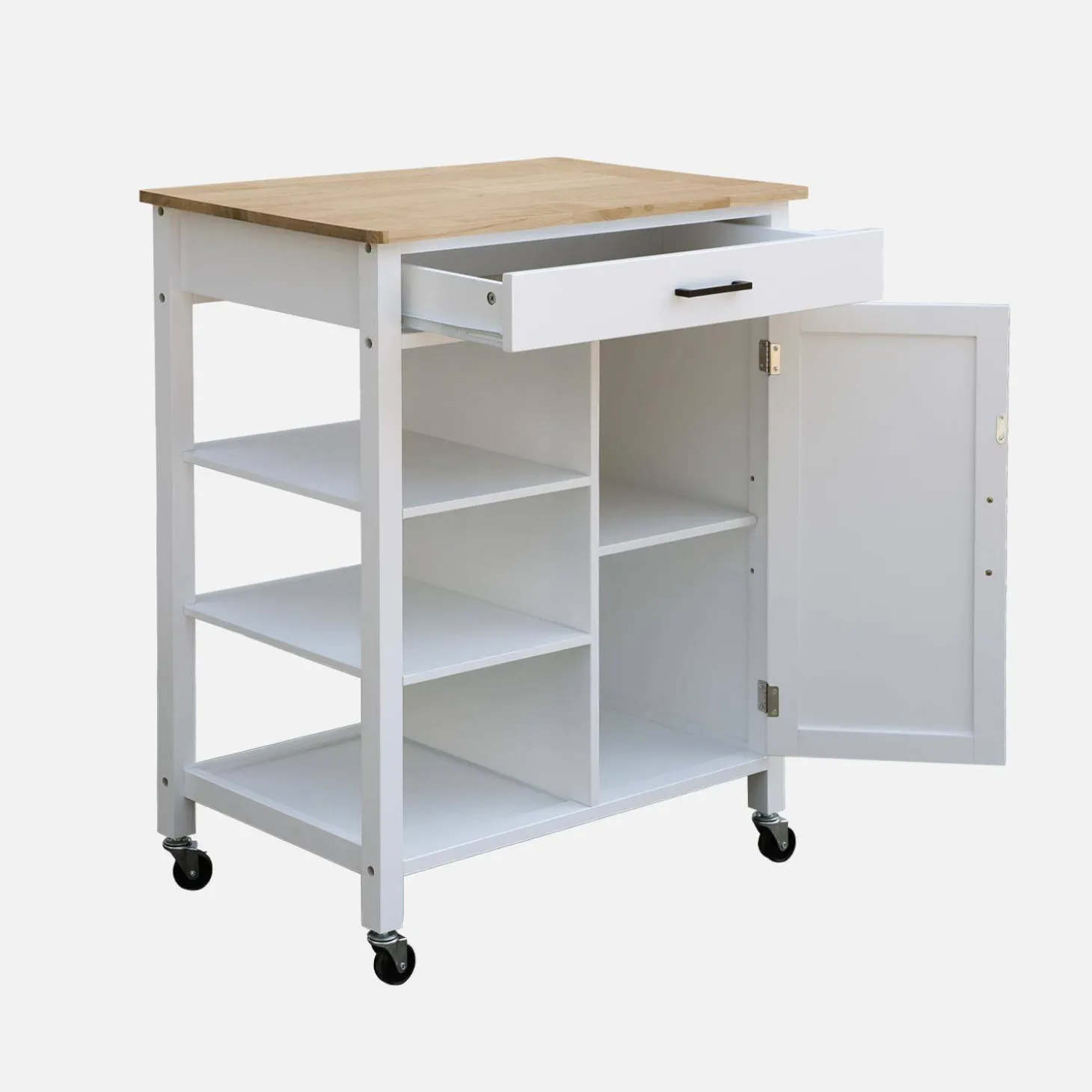 Carrello da cucina in legno di gomma con 5 ripiani, 74cm