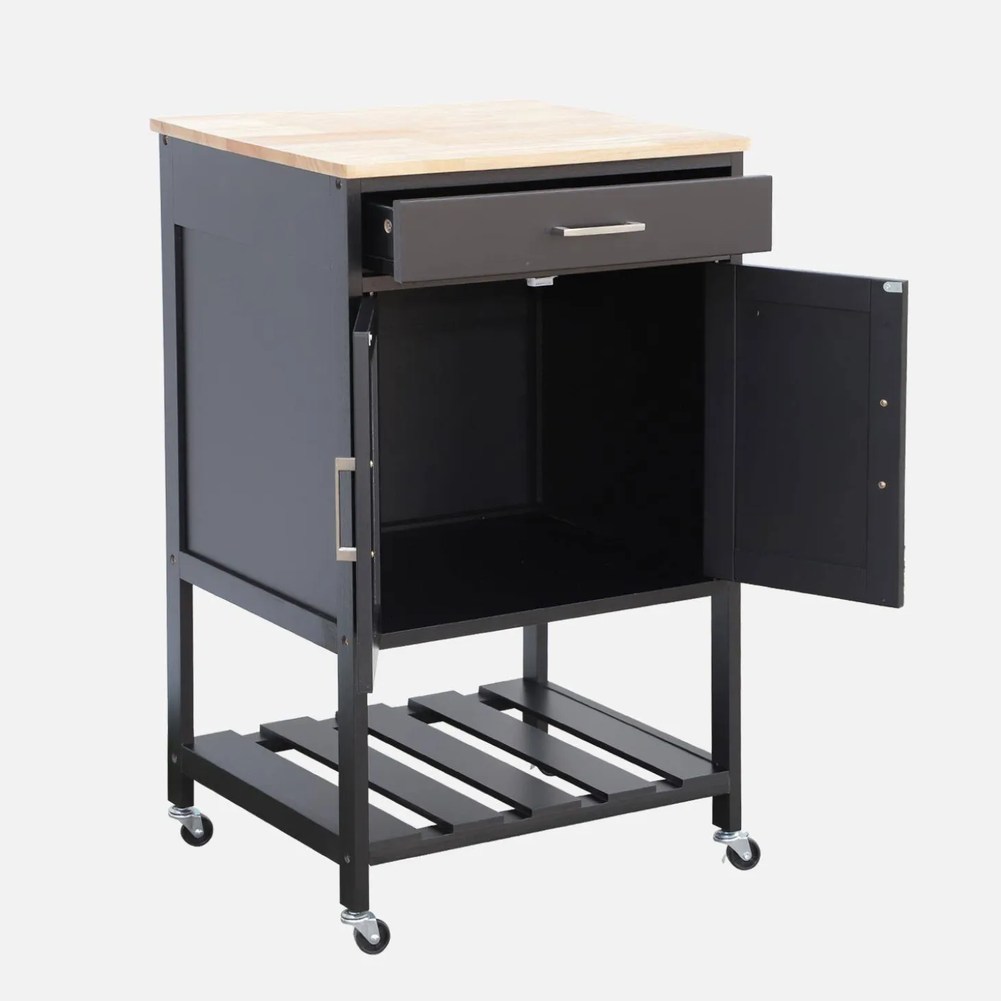Carrello da cucina in legno di gomma con 2 ripiani, 56cm