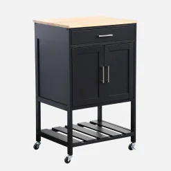 Carrello da cucina in legno di gomma con 2 ripiani, 56cm