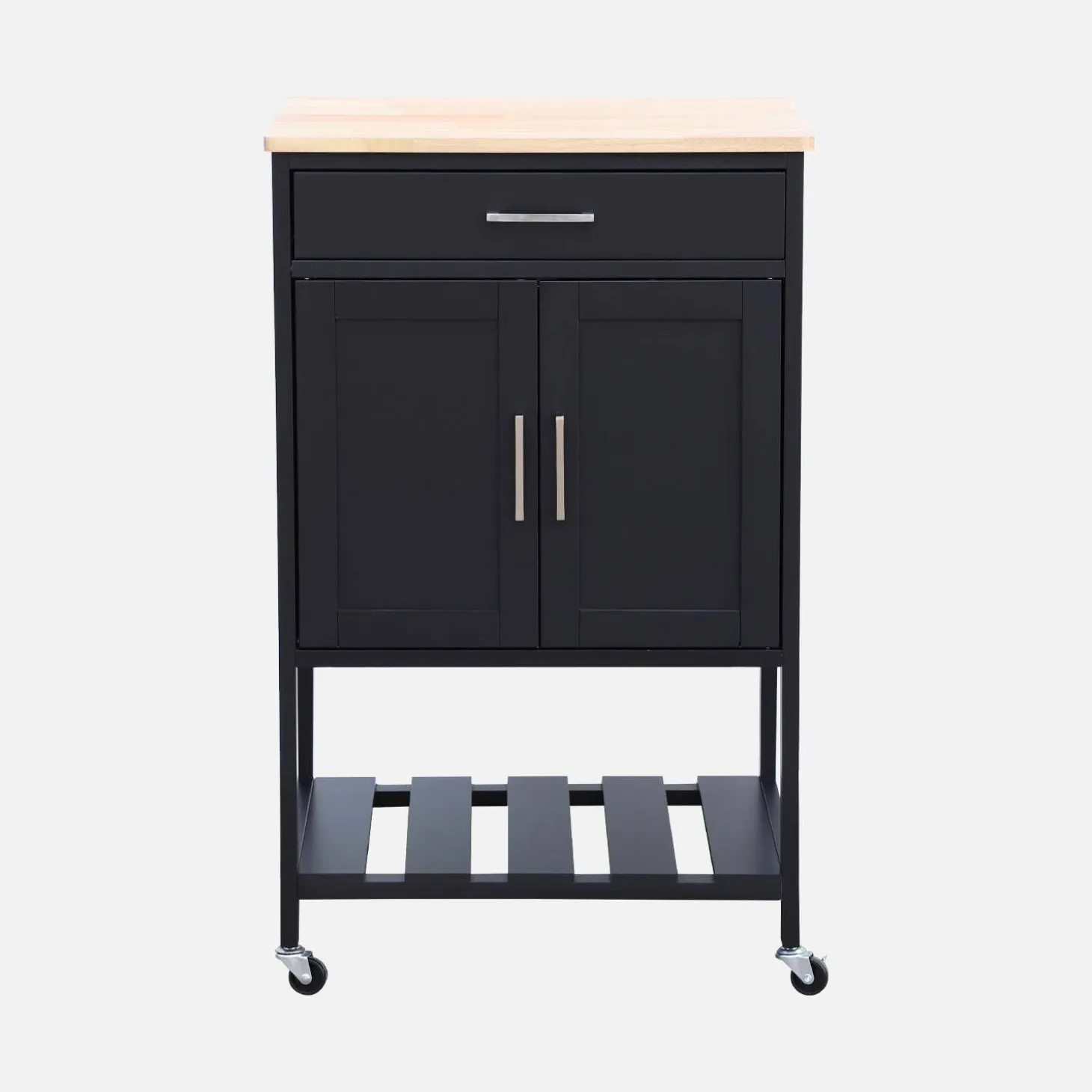 Carrello da cucina in legno di gomma con 2 ripiani, 56cm