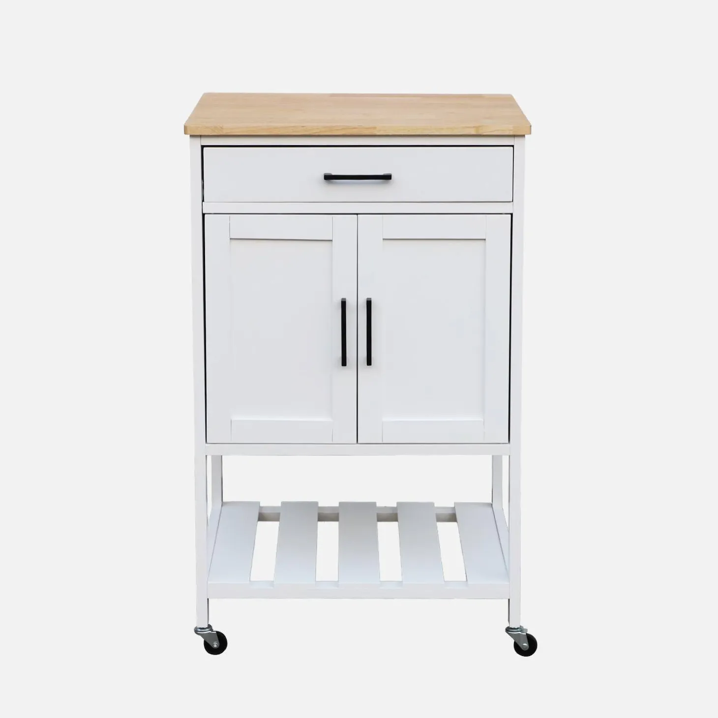 Carrello da cucina in legno di gomma con 2 ripiani, 56cm