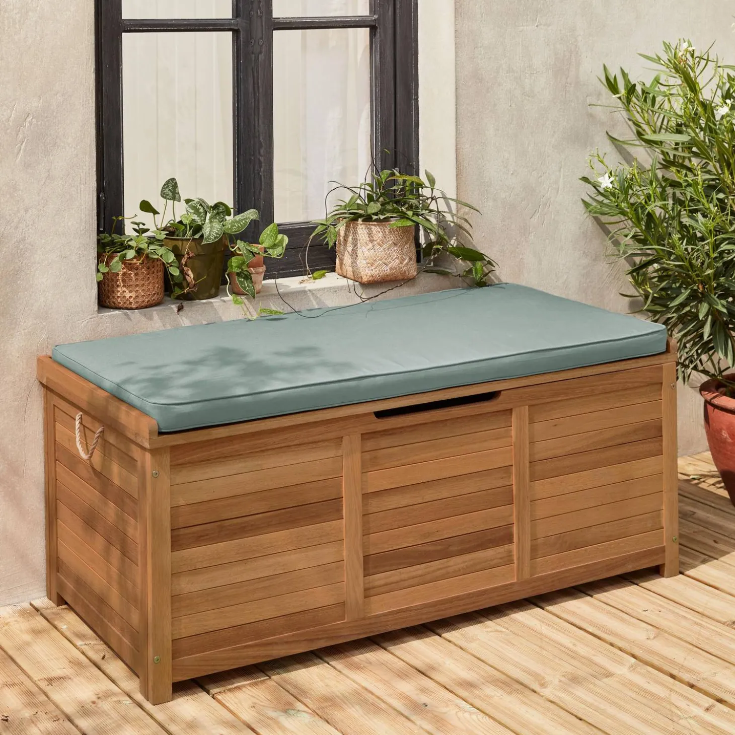 Cassapanca da giardino in legno con maniglie, 200L