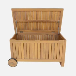Cassapanca da giardino in legno di acacia con ruote, 119L