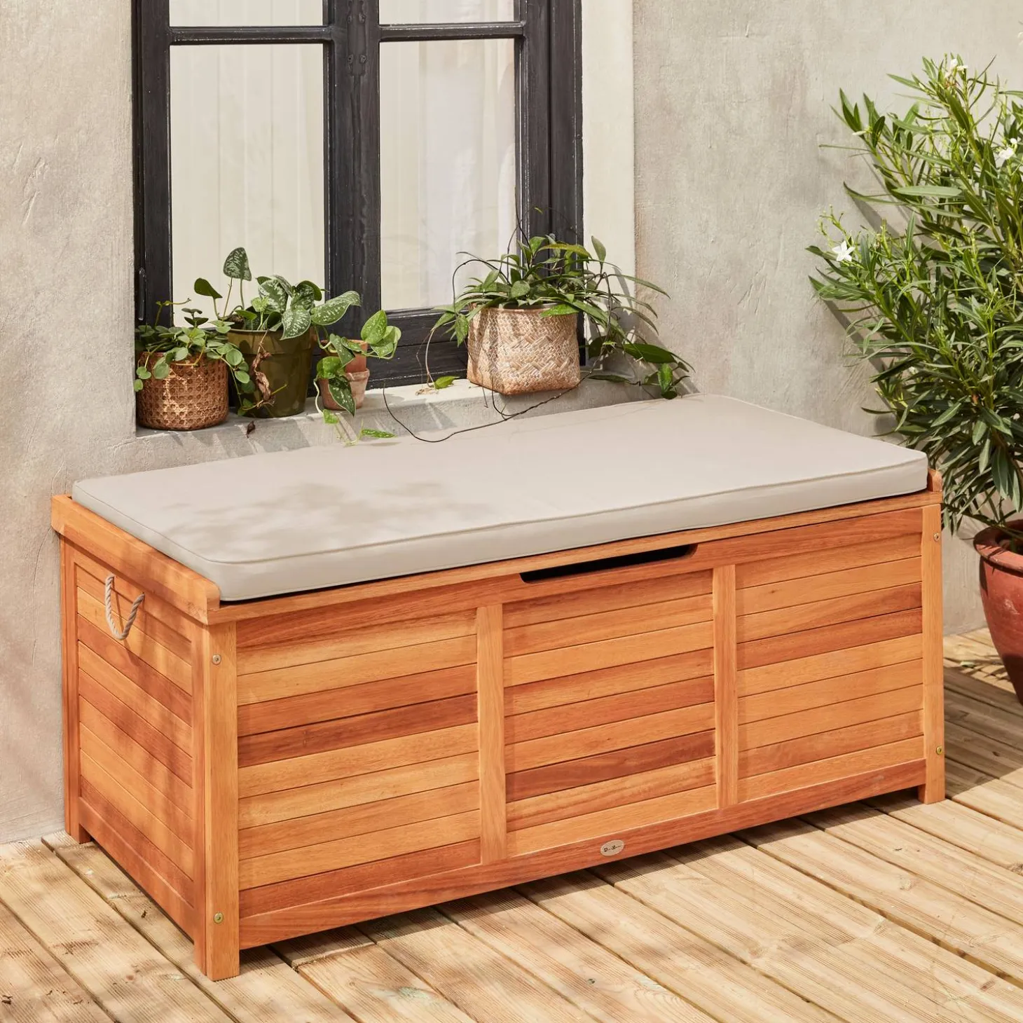 Cassapanca da giardino in legno con maniglie, 200L