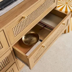 Cassettiera decorativa legno e rattan 6 cassetti