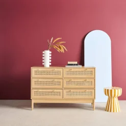 Cassettiera decorativa legno e rattan 6 cassetti