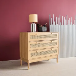 Cassettiera decorazione legno e cannage 3 cassetti