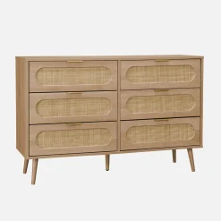 Cassettiera in legno e canna arrotondata, 6 cassetti