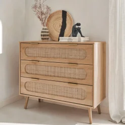 Cassettiera in legno e canna intrecciata, 3 cassetti