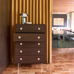 Cassettiera vintage decorata in legno e acciaio inossidabile, 5 cassetti