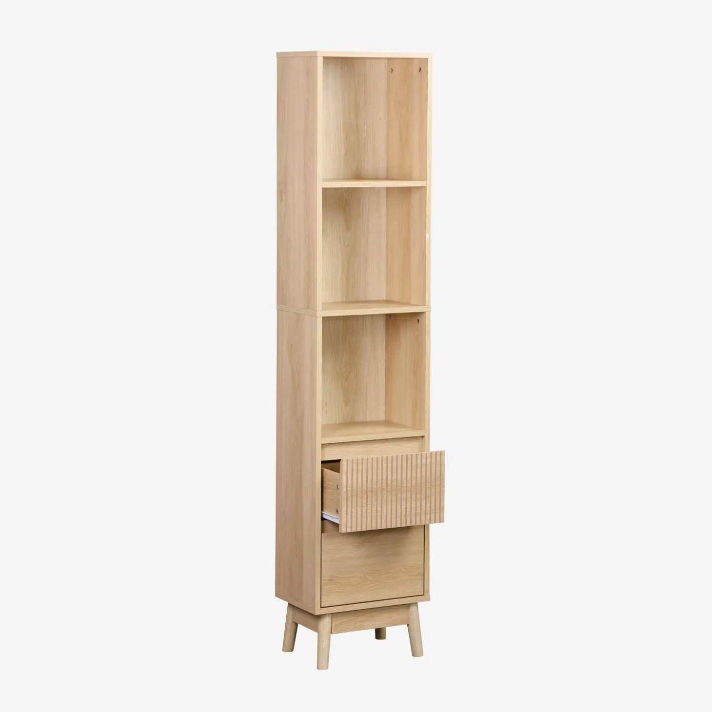 Colonna di stoccaggio decorativa in legno con 3 ripiani e 2 cassetti