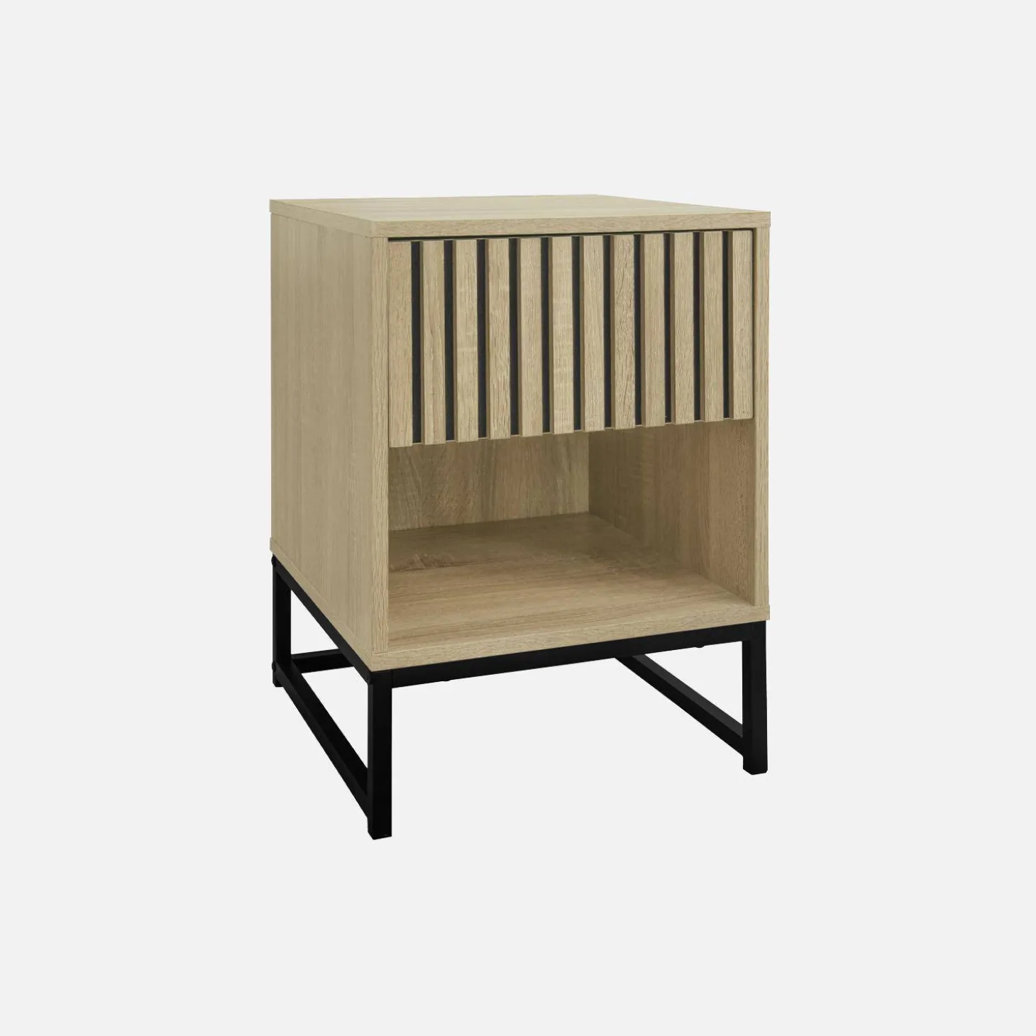 Comodino contemporaneo effetto legno scanalato con 1 cassetto