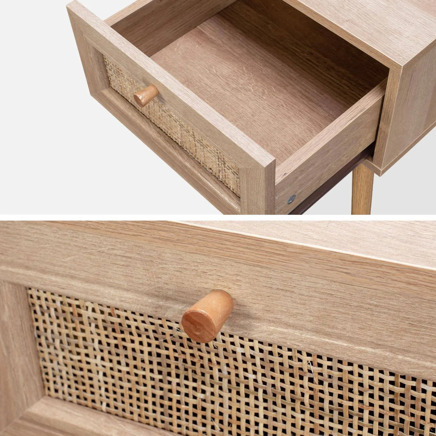 Comodino effetto legno e intrecciatura cannage, 1 cassetto