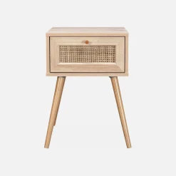 Comodino effetto legno e intrecciatura cannage, 1 cassetto