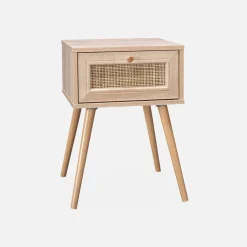 Comodino effetto legno e intrecciatura cannage, 1 cassetto