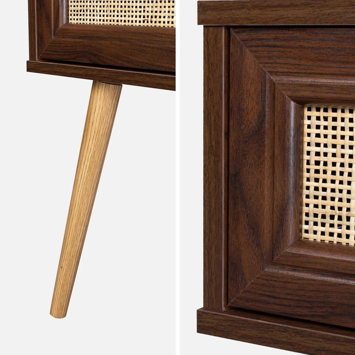 Comodino effetto legno e intrecciatura cannage, 1 cassetto