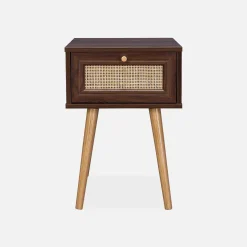 Comodino effetto legno e intrecciatura cannage, 1 cassetto
