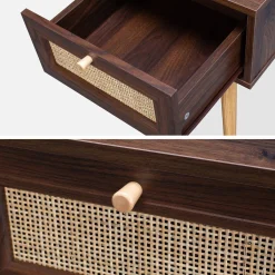 Comodino effetto legno e intrecciatura cannage, 1 cassetto