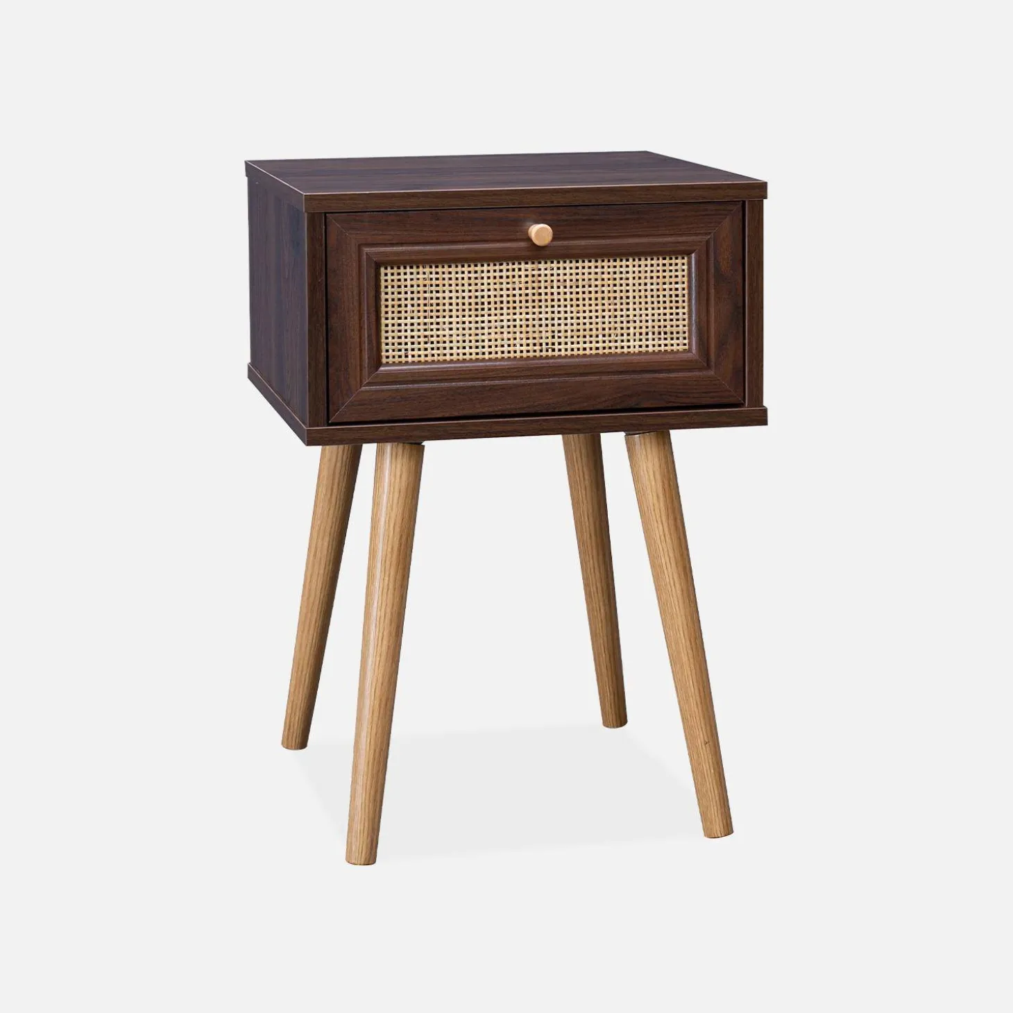 Comodino effetto legno e intrecciatura cannage, 1 cassetto