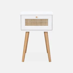 Comodino effetto legno e intrecciatura cannage, 1 cassetto