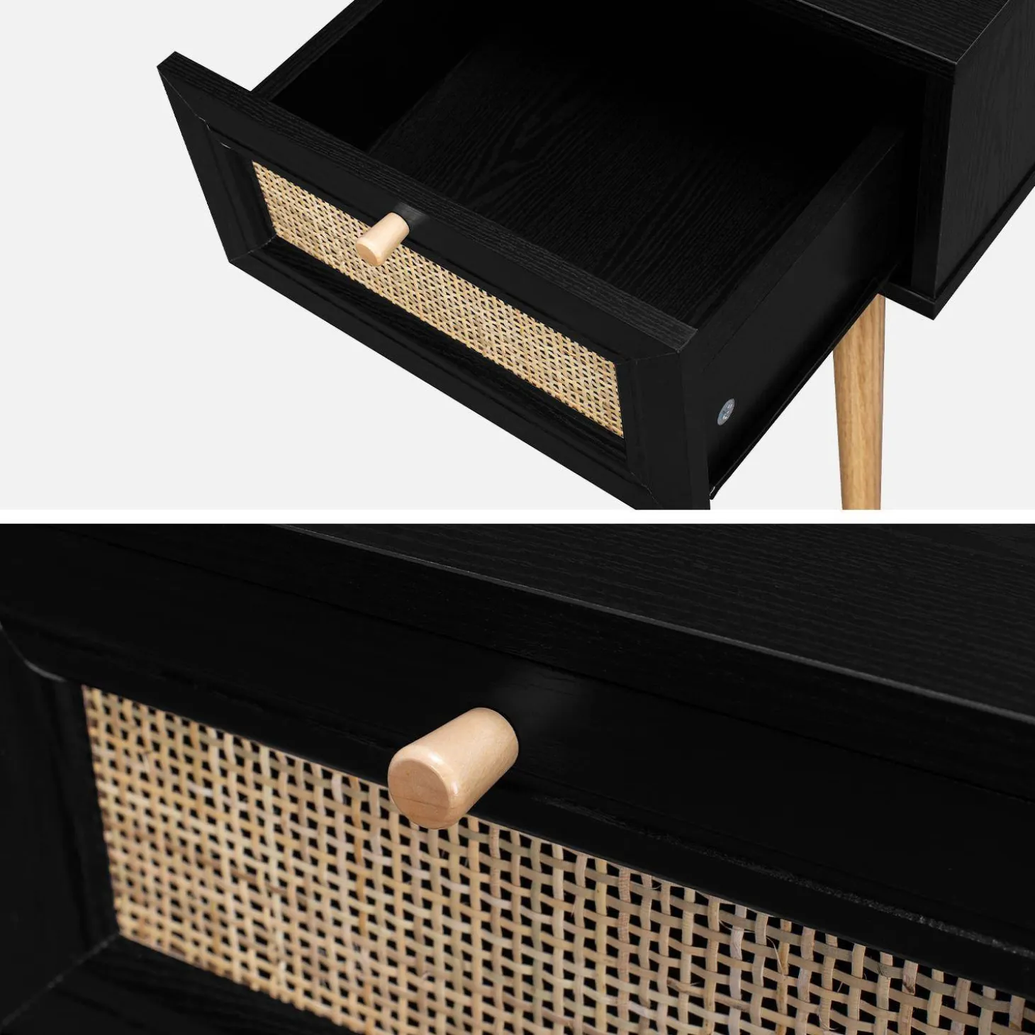 Comodino effetto legno e intrecciatura cannage, 1 cassetto