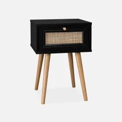 Comodino effetto legno e intrecciatura cannage, 1 cassetto