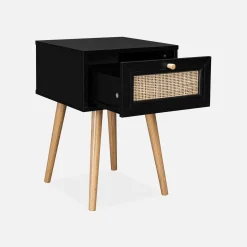 Comodino effetto legno e intrecciatura cannage, 1 cassetto
