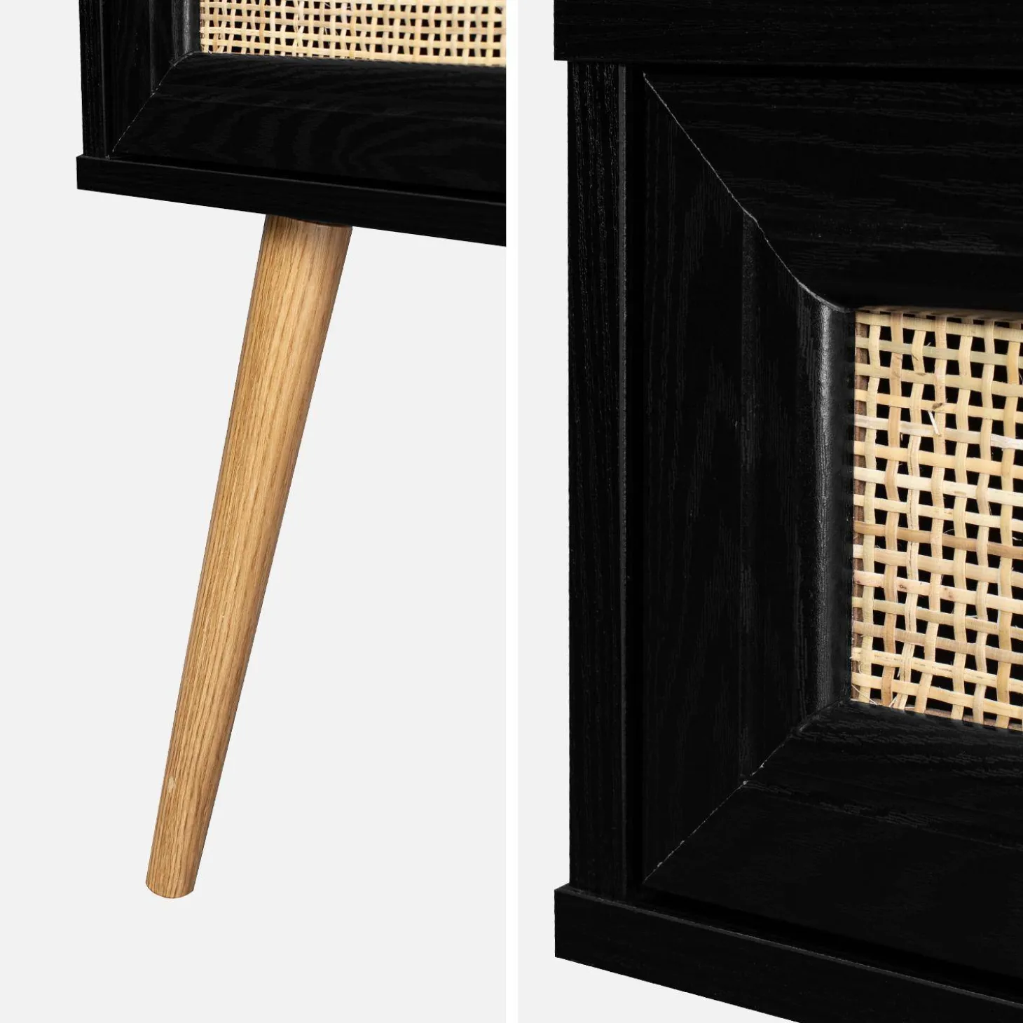 Comodino effetto legno e intrecciatura cannage, 1 cassetto
